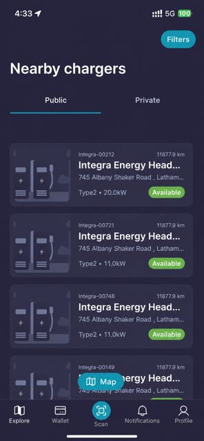 QuickCharge mobile app showing nearby chargers in dark mode