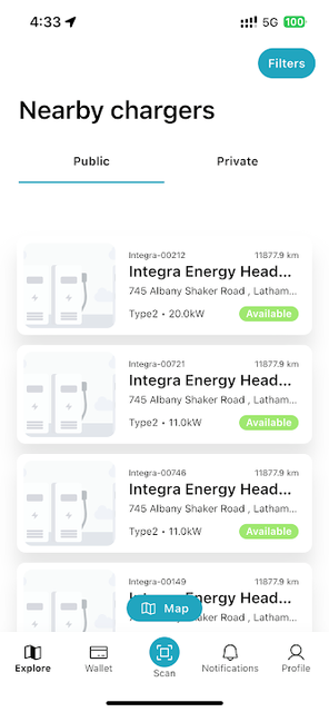 QuickCharge mobile app showing nearby chargers